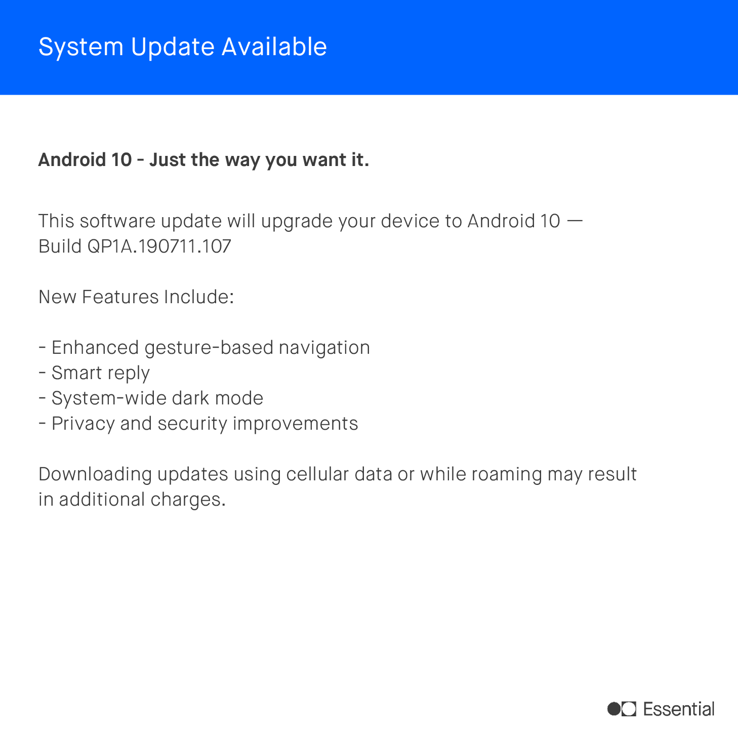 Essential Android 10 update