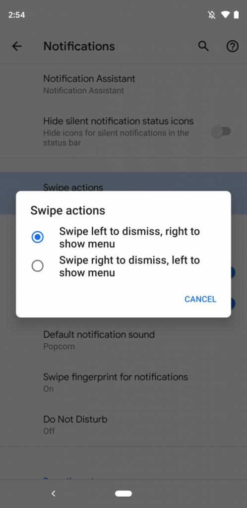 Android Q Beta 2 Notification swipe