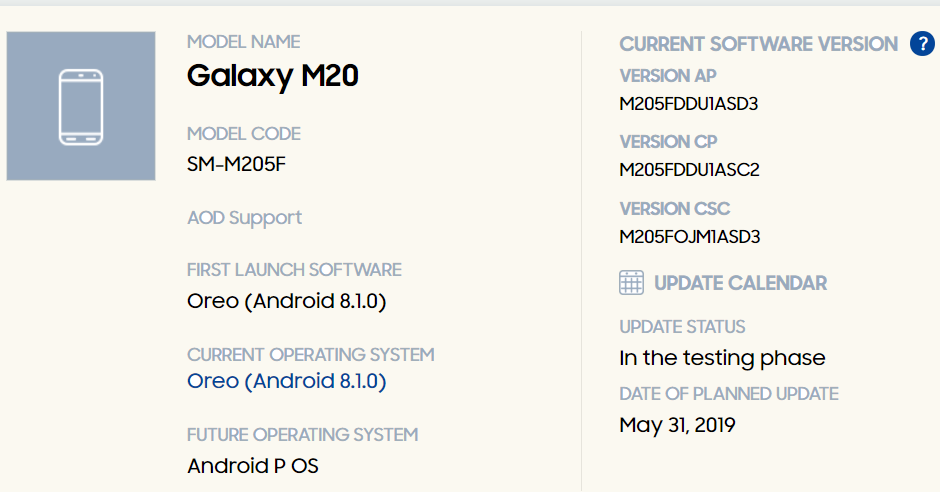 Samsung Galaxy M20 Pie update