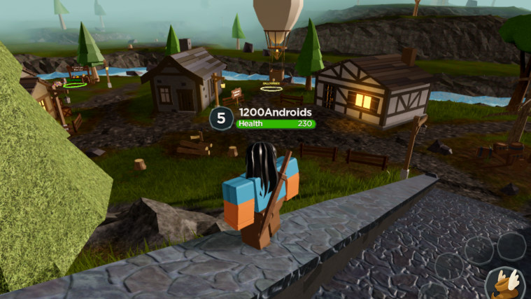 Screenshot of Adventure Up character atop stairs overlooking village.