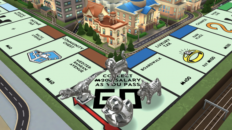 Digital monopoly pieces at Go.