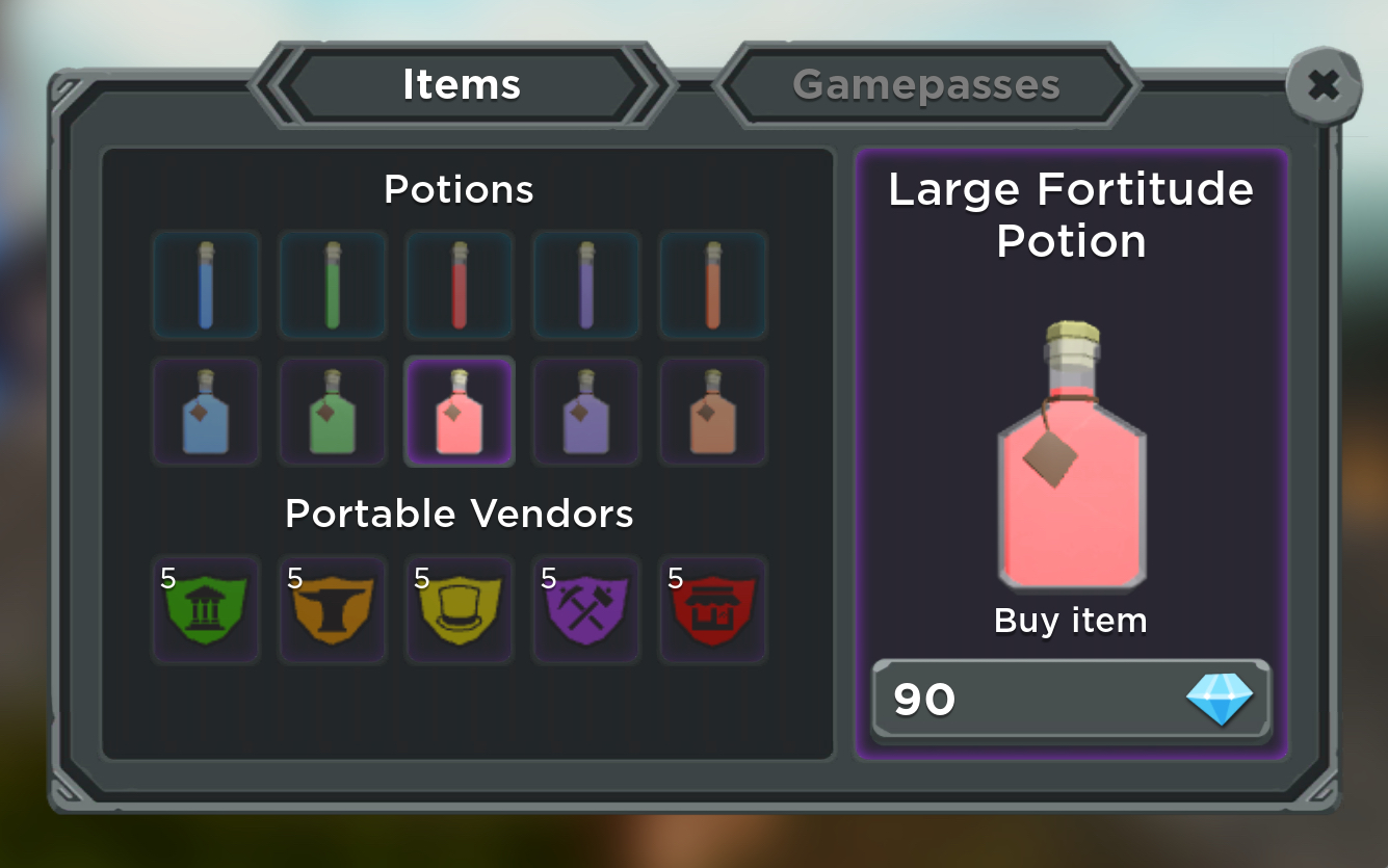 Adventure Up in-game shop showing variety of potions