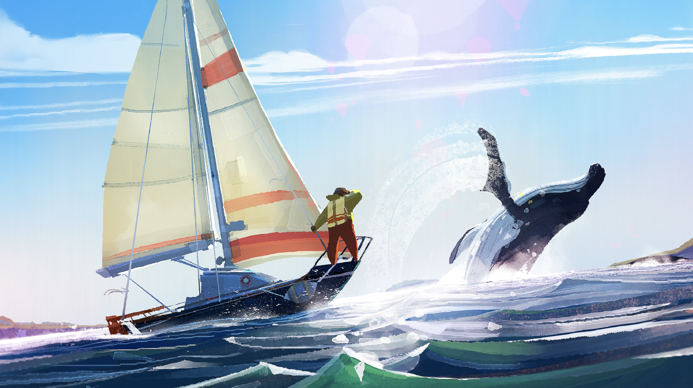 Old Man's Journey screenshot of sailboat, whale leaping from water