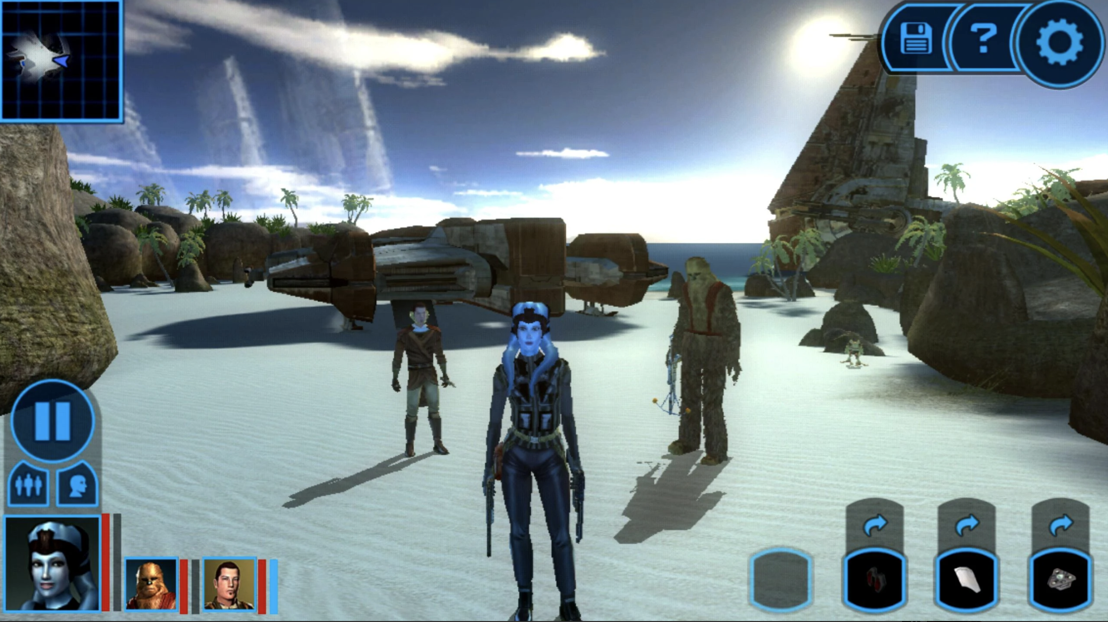 Star Wars KOTR screenshot showing characters and spacecraft
