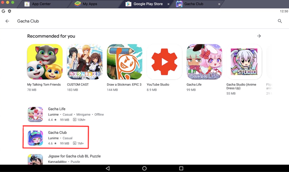 Bluestacks Screenshot of Play Store search showing Gacha Club