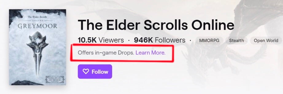 Twitch screenshot showing ESO drops enabled