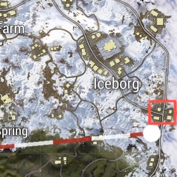PUBG Mobile Map of Livik with town SE of Iceborg highlighted