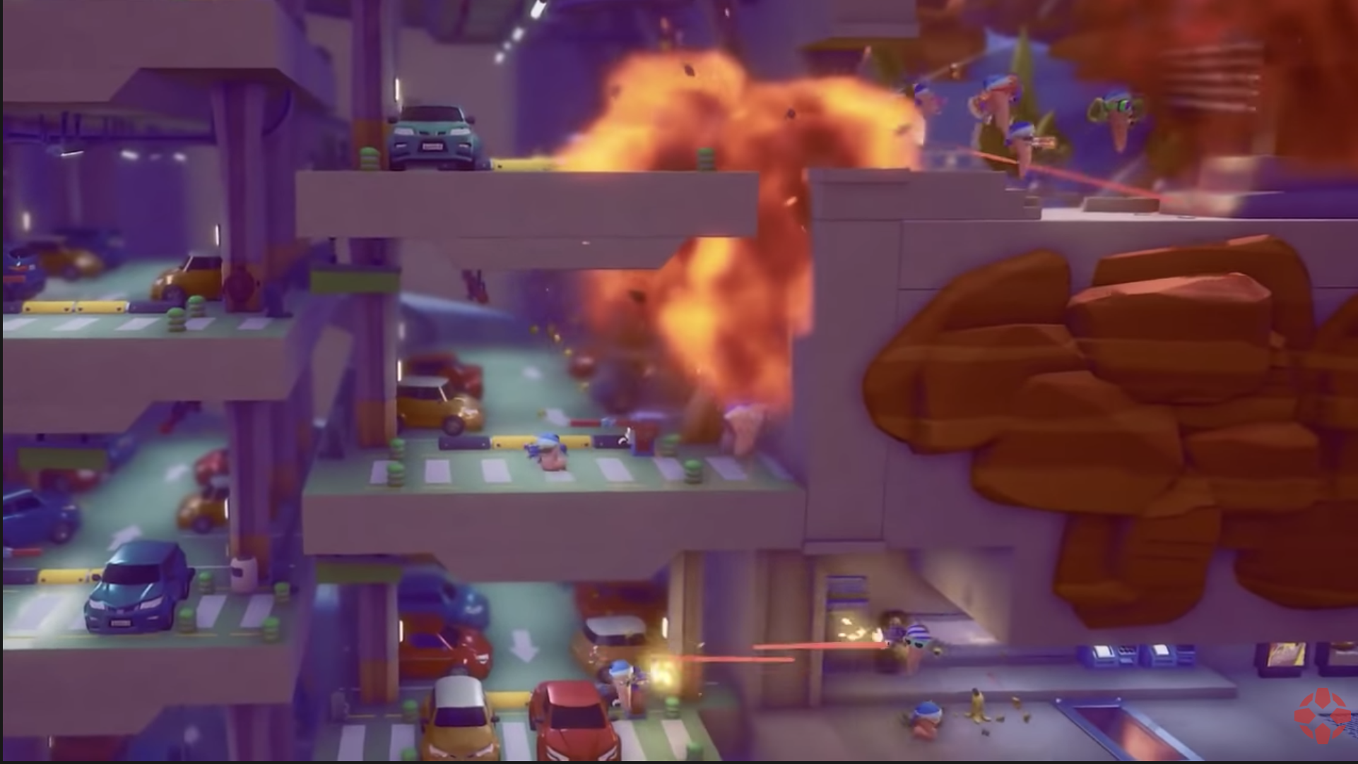 Worms Rumble screenshot showing explosive gameplay