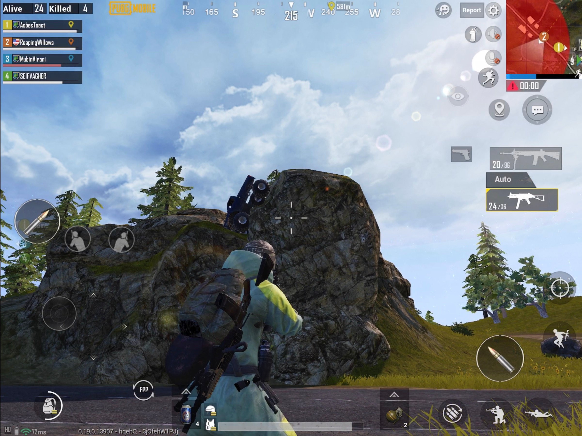 PUBG Mobile screenshot showing Monster Truck stuck on rocky outcrop