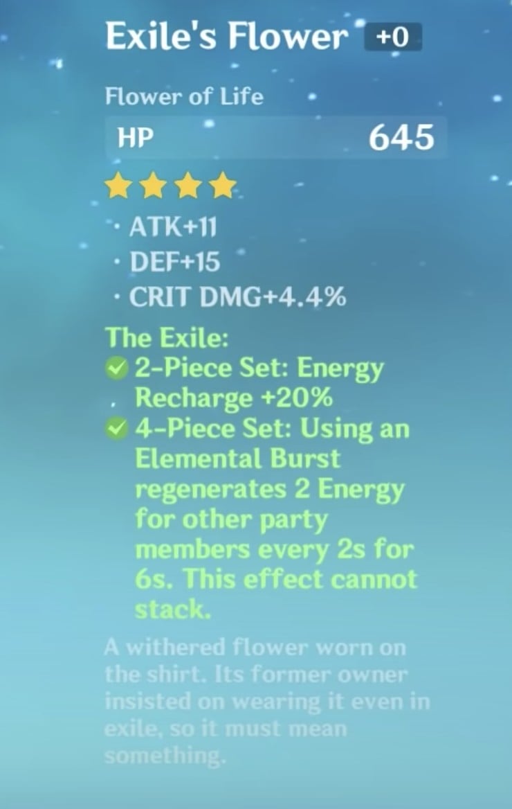 Qiqi Build Genshin Impact - Best artifacts build Qiqi showing Exile's Flower