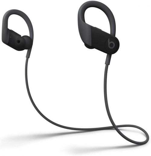 black Powerbeats earbuds with ear hooks for working out