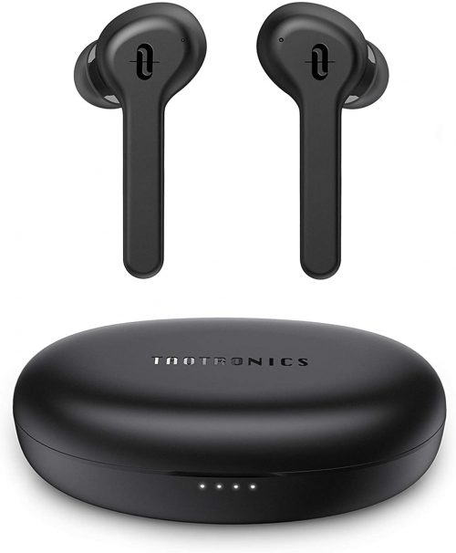 Black Taotronics Earbuds suspended over carrying case