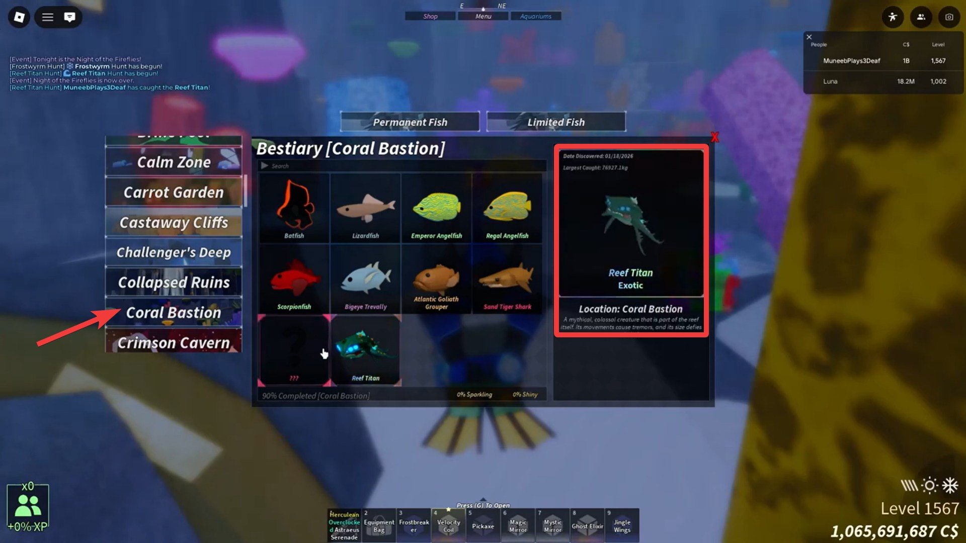 Reef Titan rewards in Fisch (Image credit: Fisch Roblox / Via: YouTube - MuneebPlays3D)