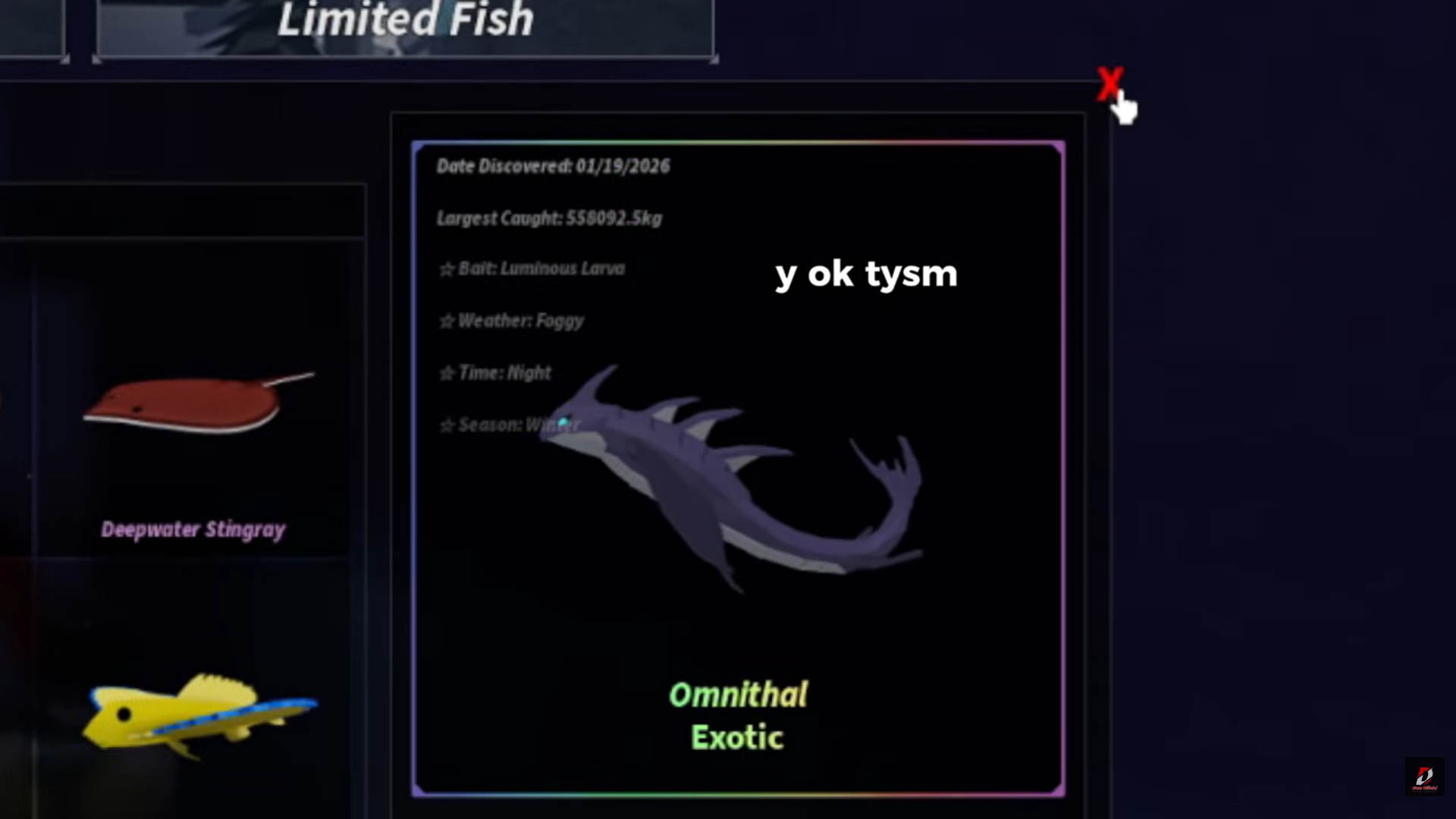 Fisch Omnithal catch details (Image credit: Fisch Roblox / Via: YouTube - Danz)