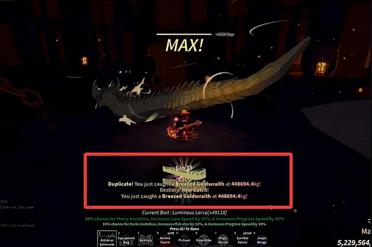 Catching Goldwraith in Fisch (Image credit: Fisch Roblox / Via: YouTube - DeadlyyDuckk)