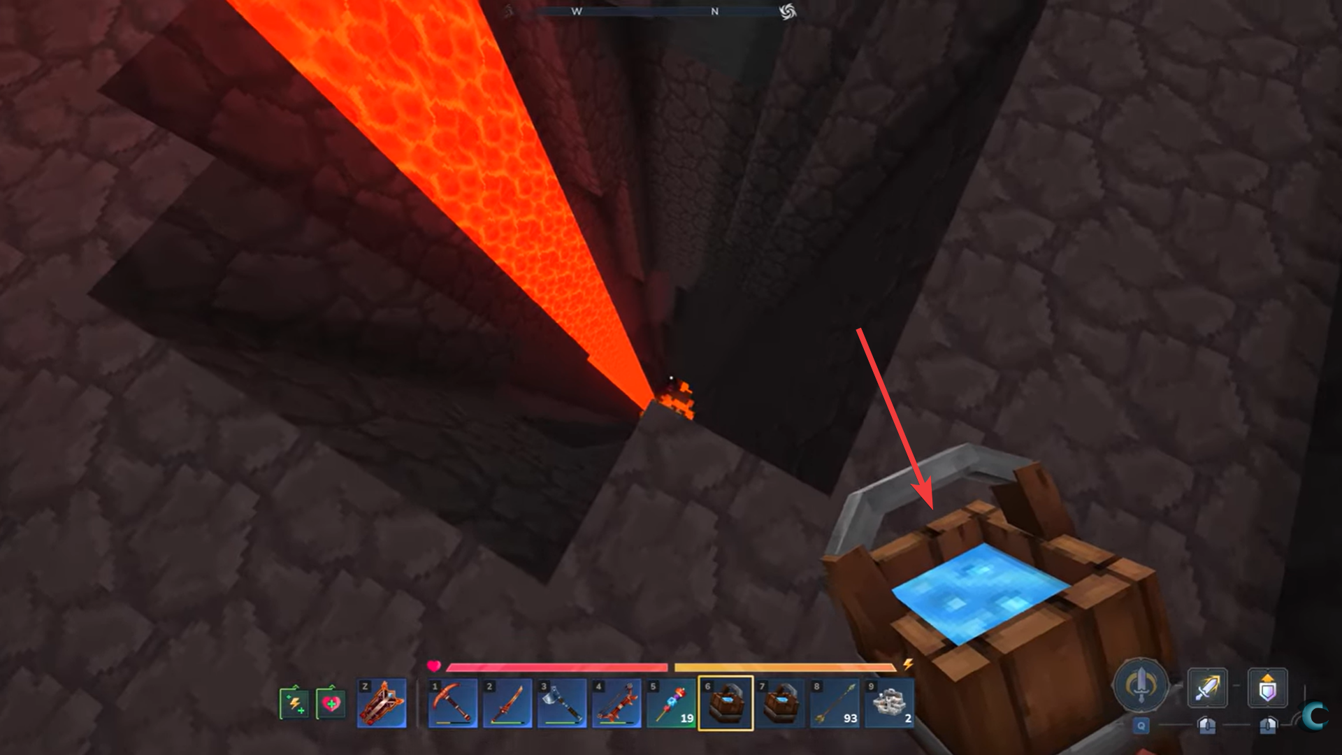 Use water bucket to make a safe path (Image credit: Hypixel Studios / Via: YouTube - Concon)