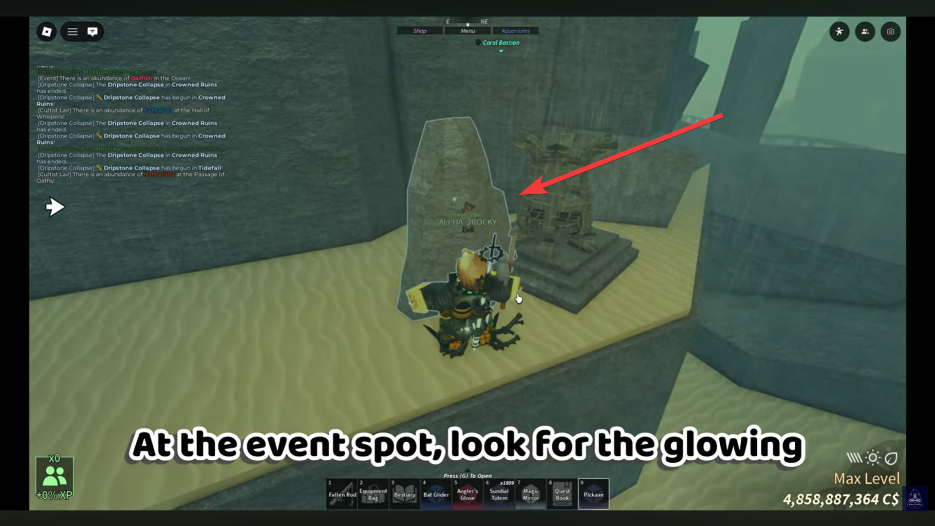 Reach the Dripstone Rock (Image credit: Fisch Roblox / Via: YouTube - Blox Fruit Guides)